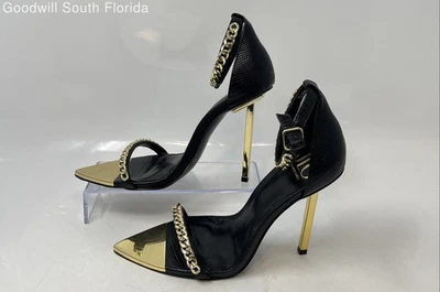 JLO Jennifer Lopez 女式 Binnie 黑色皮革踝带凉鞋 8M 码 — 第 1/4 张图片