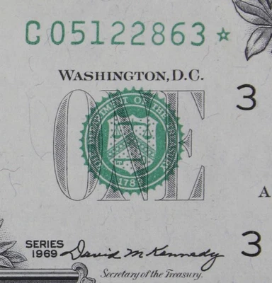 $1 1969 LATE PRINT Star GEM CU Federal Reserve Note C05122863* LOW SERIAL # - Image 1 of 3