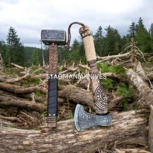 Hand Forged Carbon Steel Battle Viking War Hammer & Tomahawk Tactical Axe 2 PCS - Picture 1 of 1