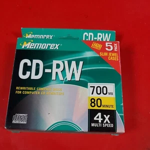 NEW Memorex CD-RW 5 PK Rewritable 700mb Up To 4x 80 Min Audio Recording Time - Picture 1 of 2
