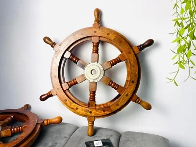 Vintage Wooden Ship Wheel Pirate Decor Wood Brass, Nautical Decor, 18" - Image 1 of 4