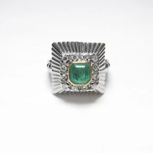 Estate 14K White And Yellow Gold 0.45 Ct Natural Mint Green Emerald Diamond Ring - Picture 1 of 4