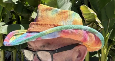 Cowboy Hat size 7 3/8 L tie dye upcycled seed bag - Image 1 of 4