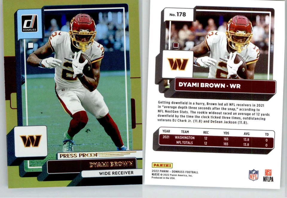 Dyami Brown 2022 Donruss Premium Press Proof Gold #178 Commanders - Image 1 of 1