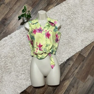 Tommy Bahama Orchid Springs Tropical Lime Pop Button Tie Front Silk Tank Top NWT - Picture 1 of 4