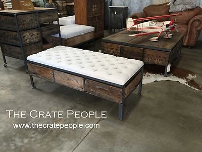 Ottoman Reclaimed Repurposed Crates as Drawers Steel Frame - Custom Furniture - Imagem 1 de 4