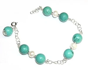 PULSERA PLATA de ley 925 PERLAS Cultivadas y Turquesa Howlita 10 mm con Estuche - Imagen 1 de 3