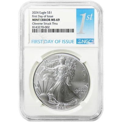 2024 $1 American Silver Eagle NGC MS69 FDI Mint Error Obverse Strike Thru - Image 1 of 2