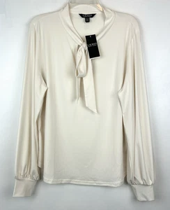 Lauren Ralph Lauren Blouse Womens XL Ivory Tie Neck Shirt Top Sectetary New - Picture 1 of 11