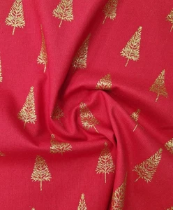 Christmas Fabric - Gold Glitter Trees on Red Craft Xmas Fabric Material Metre - Picture 1 of 7