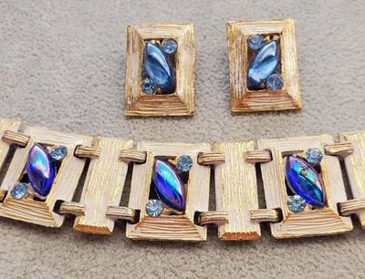 Vintage Gold Tone Iridescent Blue Glass Stone Panel Bracelet Earring Set - Image 1 of 4
