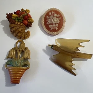 (4) Vintage Pieces/ Celluloid, Lucite & Resin/ 2 Pins & Bird & Tulips/ 1970’s - Picture 1 of 14