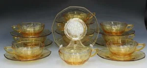 C1920s Cambridge Art Glass Decagon Amber Set of 10 Teacups & Saucers Art Deco - Picture 1 of 12