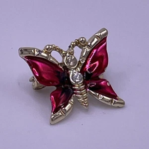Vintage Butterfly Red & Gold-Tone Enamel Clear Stones Brooch Pin Estate Jewelry - Picture 1 of 3