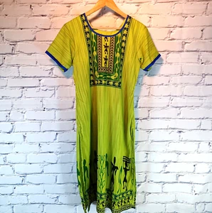 Green Spring Dress W/ Blue Trim & Tribal Art Print - Picture 1 of 11
