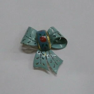 Vintage Gold Tone & Blue Enamel Bow W/ Flower Design Women's Brooch Signed Coro - Picture 1 of 3