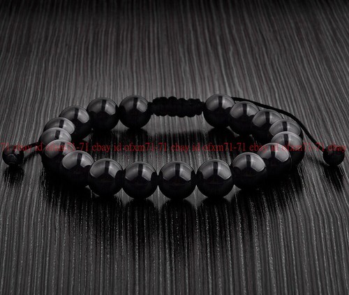 VALENTINO Bracciale Intrecciato Originale 10mm Agata Nera Naturale Perline Gemma Rotonda 7 5" AAA