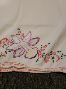 Vintage Embroidered Pillowcase Purple Pink Green Floral 28 x 20 in. NO STAINS! - Picture 1 of 4