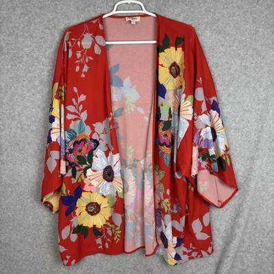 Cárdigan UMGEE Kimono Floral Tropical Fluido Grande Frente Abierto Rojo Boho Foto 1 de 4