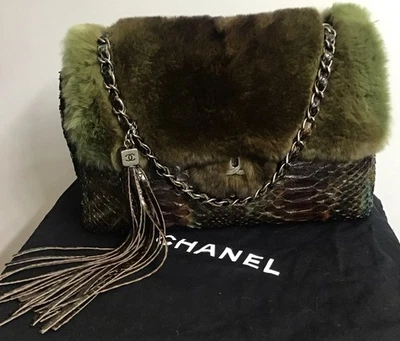 Chanel Flap Purse Green Sheared Fur Python Double Chain Silver Hardware  M - Image 1 of 4