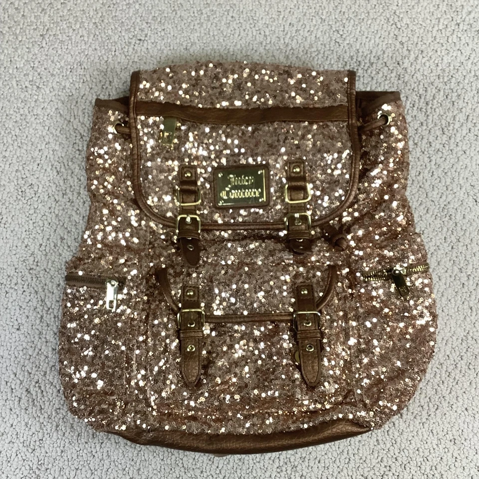 Juicy Couture Backpack Bag Womens One Size Rose Gold Sequin Metallic Logo Flap - Image 1 of 4
