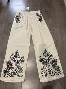 F&F Trousers Wide Leg Cream/Black Linen Blend, Side Pockets, Size 12 BNWT - Picture 1 of 11