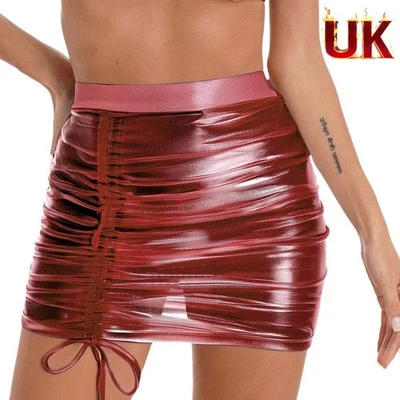 UK Womens Shiny See Through Sheer Mini Skirt Drawstring Package Hip Club Wear - Image 1 of 4