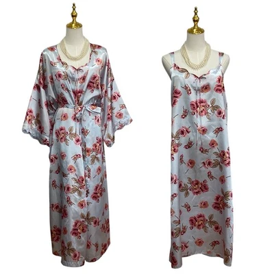 Serenada 2 Piezas Azul Floral Satén Camisón y Bata Ropa de Dormir Conjunto Talla 2X 22/24 Foto 1 de 4