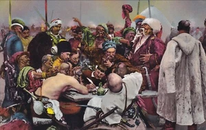 UKRAINE: Art Postcard I. Repin "Zaporoztsi writing a letter to Turkish Sultan" - Picture 1 of 2