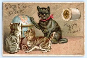 TARJETA COMERCIAL VICTORIANA BUFFORD GLOBO GATITOS GATO HILO ABRIGO AÑOS 1880 J&P - Imagen 1 de 2