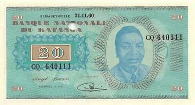 Katanga  20  Francs  21.11.1960  P 6s  Series  CQ  Uncirculated Banknote XYZ6 - Image 1 of 2