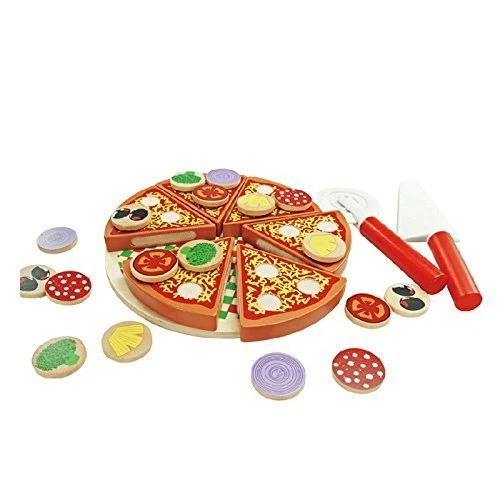Juego de comida para pizza de madera natural juguete para niños simulación-jugar cocina o casa de juegos Foto 1 de 4