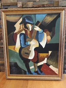 CUBIST ACRYLIC PAINTING OF A MAN HOLDING A GUITAR BY R. DIEGO - Picture 1 of 2
