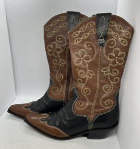 Vintage 90s Matisse Floral Embroidered Leather Cowboy Boots Womens Sz 6M Brazil