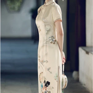 Mujeres Qipao Vestido Largo Cheongsam Satén Rana Botón Abertura Patrón Flor Delgado Elegante - Imagen 1 de 10