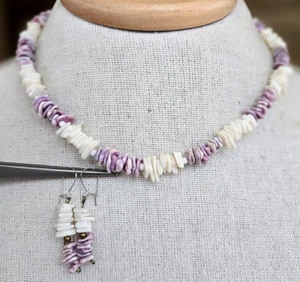 Vintage Lavendel & weiß Puka Muschel Halsband Halskette 17" & Ohrringe Set - Bild 1 von 7