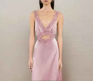 Nuevo con etiquetas Vestido sin Mangas The Kooples $500 Rosa Rosa Seda Con Guipur 100% Seda Talla 1 | S - Imagen 1 de 14