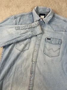 Vintage Wrangler Western Hemd Herren Large Denim Pearl Snap Light Wash Rodeo - Bild 1 von 10