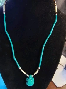 Collana Hopi Heishi 17" 3mm intagliata a mano 3/4" tartaruga turchese sud ovest 12,5g - Foto 1 di 7