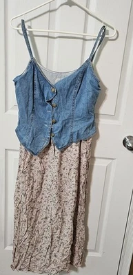  Scarlett Dress Blue Denim Sundress Floral Y2k Sz 9/10 Peasant Cottage Core - Image 1 of 4