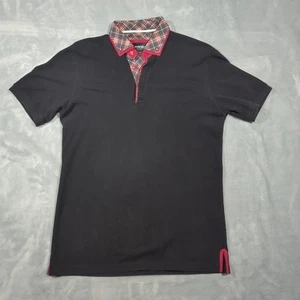 MACEOO Paris Polo Shirt Mens Medium Black Pique Cotton Plaid Trim Short Sleeve - Picture 1 of 7