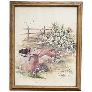 1976 Marylle Lithograph, Rustic Yard Scene, Scafa-Tornabene Framed Vintage Art - Picture 1 of 5
