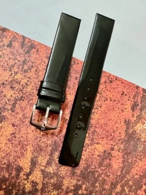 Correa de reloj reflectante de 16 mm de charol negro vintage de Hirsch NOS forrada en pantorrilla Foto 1 de 4