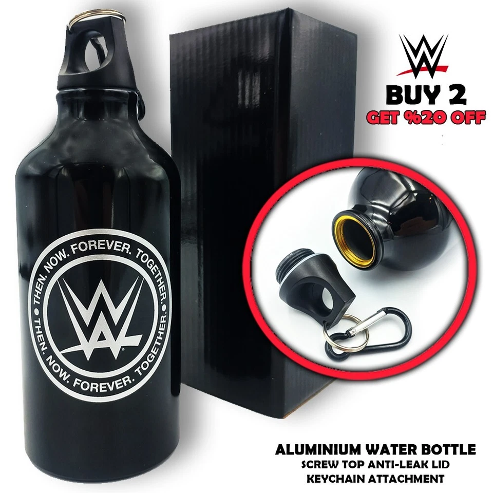 WWE Black Aluminum Water Bottle - 500ml with Anti-leak Screw Top Lid & Keychain - Image 1 of 4