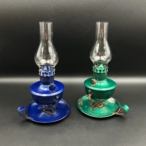 Vintage Enamel Lantern Kerosene Lamp Lanterns X2 Green & Blue Enamel 19cm Tall - Picture 1 of 22