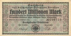 Reichsbahn Dirección Dresde - 100 millones de marcos - MGG S1177 - Imagen 1 de 2