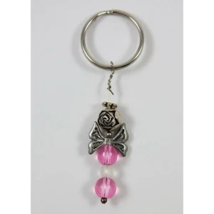 Schlüsselanhänger Geldbörsenanhänger silberfarben rosa Perlen Rosenknospe Schmetterling/Schleife Engel Handarbeit - Bild 1 von 2