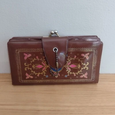 Винтажный блестящий пластиковый виниловый бумажник 80-х Гонконг с дизайном Kiss Lock Leaf - Изображение 1 из 4