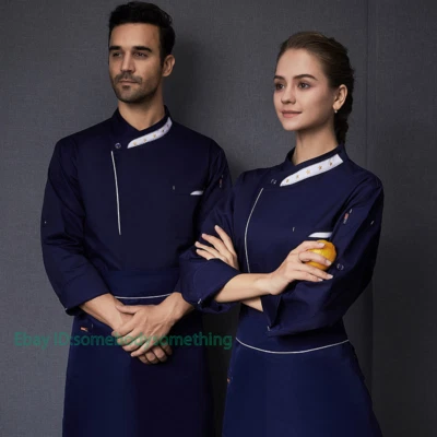 Men Women Chef Long Sleeve Cook Coat Kitchen Unisex Uniform Jacket Top M-3Xl - Image 1 of 4