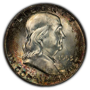 1953-D 50c Franklin Half Dollar - Rainbow Mint Set Toning - NGC MS 65 FBL - X592 - Picture 1 of 8